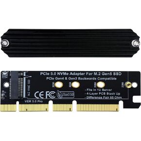 بطاقة توسيع محول PCIe 5.0 M.2 NVMe لـ PCIe5 Gen5 SSD، متوافقة مع الإصدارات السابقة مع PCIe 4.0/3.0/2.0/Gen4/Gen3، تناسب خادم 1U. (X16)