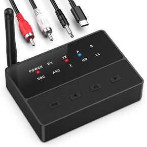 Bluetooth 5.3 Transmitter for TV, aptX Low Latency HD Bluetooth Receiver for Home Stereo, Bluetooth Audio Adapter for 2 Headphones, AUX/RCA Bluetooth Adapter for Music Streaming Sound System