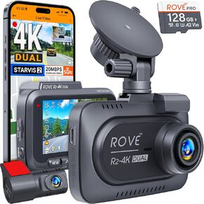 كاميرا ROVE R2-4K مزدوجة أمامية وخلفية، مستشعر STARVIS 2، بطاقة مجانية 128 جيجابايت متضمنة، 5G WiFi - أسرع سرعة تنزيل تصل إلى 20 ميجابايت/ثانية مع التطبيق، كاميرا داش 4K 2160P/FHD للسيارات، 3 بوصات IPS، وضع انتظار 24 ساعة