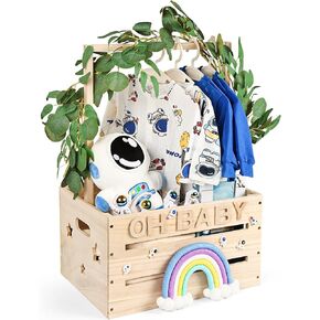 Wooden Baby Shower Crate Closet, Customizable Baby Shower Basket with Handle Newborn Welcome Gifts Basket for Boys Girls, Personalized Pregnancy Gifts for New Parents