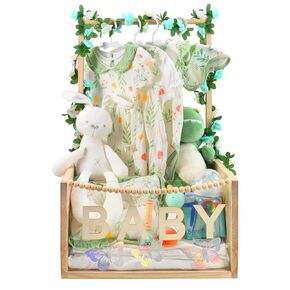 PIIOSER Baby Shower Crate Closet, Multifunctional Wooden & Acrylic Visible Baby Storage Crate with Handle, Newborn Welcome Gifts Basket for Boys Girls, Pregnancy Gifts for New Parents(Brown)