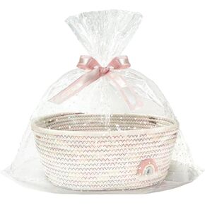 SHIANCE&LI Small Woven Basket Cute Cotton Rope with Handles Gift Oval For Storage Baby Dog Toy Room Basket 12"x 8" x 5" Decorative Basket(Cherry,S)