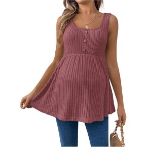 قمصان الحمل النسائية من MakeMeChic، قمصان صيفية محبوكة ومضلعة وحاشية واسعة بدون أكمام وأزرار، ملابس علوية للحمل