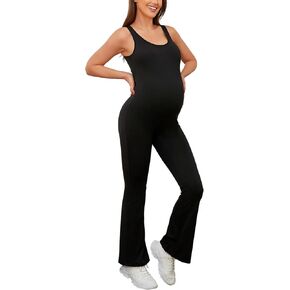 Maternity Jumpsuit Flare Leg Tank Scoop Neck Bodycon Full Length Maternity Bodysuit