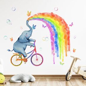 Elephant Riding Bike Wall Decals Elephant spitting rainbow Wall Stickers Butterfly Vinyl Peel and Stick Wall Decal Self Adhesive Wall Art Sticker for Baby Nursery Kids Room Home Decor