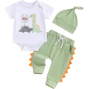 Omkzanbi Newborn Baby Boy Summer Clothes I'm New Here Dinosaur Bodysuit Green Jogger Pants Hat Cute 3Pcs Coming Home Outfit