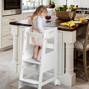 TOETOL Bamboo Toddler Learning Step Stool 3 Height Adjustable Kitchen Counter Nursery Standing Tower Helper Stool for Kids with Anti-Slip Protection(Wood&Gray)
