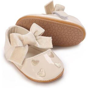 Infant Toddler Baby Girl Dress Shoes Mary Jane First Walking PU Leather Princess Wedding Rubber Sole Non-Slip with Bowknot Floral Flats