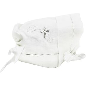 Baby Linen Keepsake Cross Embroidered Handkerchief Christening/Baptism Bonnet and Gift Card with Envelope