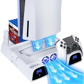 HUO JI PS5 / PS5 Slim Stand and Cooling Station with LED Controller Charging Station for Playstation 5 Console, PS5 Controller Charger, PS5 / PS5 Slim Accessories with 3 Level Cooling Fan x2 in Kuwait