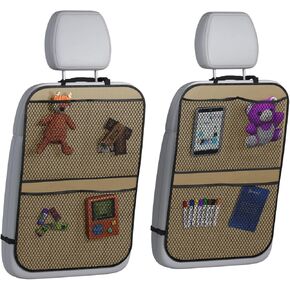 lebogner Back Seat Cover for Kids + 4 Pocket Storage Organizer, 2 Pack Kick Mats Backseat Protector, Car Accessories Waterproof Kick Guard for Vehicles to Protect from Dirt, Mud & Scratches, Beige