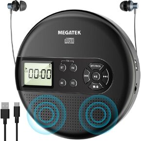 MEGATEK Portable CD Player with Dual Stereo Speakers and 60 Seconds Anti Skip, Personal Walkman CD Player for Car with headphones, USB Port, Bluetooth and FM Transmitter, 2000mAh Rechargeable Battery