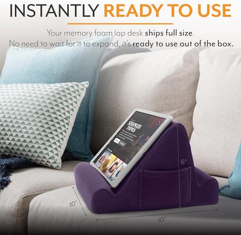 Brookstone - Memory Foam Lap Desk Tablet Holder, Holds Phones, iPads, E-Book Readers, 2 Viewing Angles, 2 Side Pockets for Accessories, Book Holder Cushion, Perfect for Home, Car Travel & Flights in Kuwait