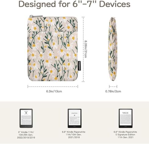 كم واقٍ مبطن ومطرز من Daisy مقاس 6-7 بوصات لـ 6 بوصات Kindle 2022/10th Gen 2019/8th Gen 2016، 6.8 بوصات Kindle Paperwhite 11th/10th Gen 2021/2018، 6 بوصات Kobo Tolino eReader، White Daisy in Kuwait
