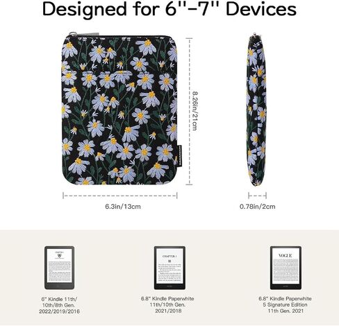 Embroidered Daisy Padded Protective Sleeve 6-7" for 6" Kindle 2022/10th Gen 2019/8th Gen 2016, 6.8" Kindle Paperwhite 11th/10th Gen 2021/2018, 6" Kobo Tolino eReader, Blue Daisy in Saudi Arabia