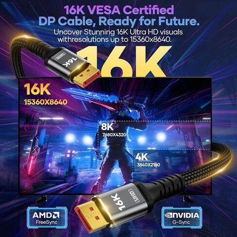 16K Displayport Cable 2.1, DP to DP Cable Available 1.5FT, 3.3FT, 5FT, 6.6FT, 10FT, 16FT, 20FT Lengths for Selection, 16K@60Hz, 8K@120Hz, 4K@240Hz 165Hz 144Hz Support 80Gbps HDR, HDCP DSC 1.2a (1.5FT) in Saudi Arabia