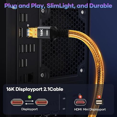 16K Displayport Cable 2.1, DP to DP Cable Available 1.5FT, 3.3FT, 5FT, 6.6FT, 10FT, 16FT, 20FT Lengths for Selection, 16K@60Hz, 8K@120Hz, 4K@240Hz 165Hz 144Hz Support 80Gbps HDR, HDCP DSC 1.2a (1.5FT) in Saudi Arabia