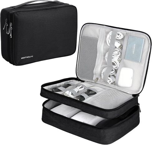 LENTION Cable Organizer Bag Pouch, Travel Electronic Accessories Carry Case Portable Bag Waterproof Double Layers All-in-One Storage Bag Carrying Tech Bag for Cord, Charger, Power Bank, Earphone Black in Saudi Arabia