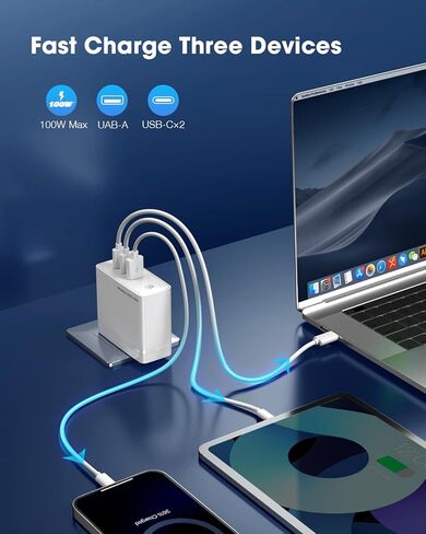 شاحن POWERΛDD PRO 100W GaN USB C 3 منافذ مع PD3.0/PPS/QC4.0+/SCP/FCP/AFC/BC1.2، شاحن حائط مدمج سريع قابل للطي لسلسلة iPhone 15، MacBook Pro، Google PixelBook، ThinkPad، جالاكسي وأكثر in Kuwait