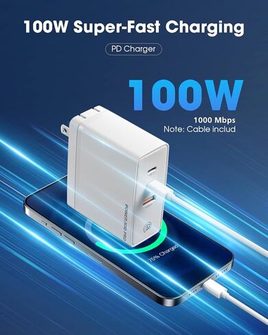 شاحن POWERΛDD PRO 100W GaN USB C 3 منافذ مع PD3.0/PPS/QC4.0+/SCP/FCP/AFC/BC1.2، شاحن حائط مدمج سريع قابل للطي لسلسلة iPhone 15، MacBook Pro، Google PixelBook، ThinkPad، جالاكسي وأكثر in Kuwait
