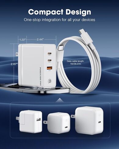 شاحن POWERΛDD PRO 100W GaN USB C 3 منافذ مع PD3.0/PPS/QC4.0+/SCP/FCP/AFC/BC1.2، شاحن حائط مدمج سريع قابل للطي لسلسلة iPhone 15، MacBook Pro، Google PixelBook، ThinkPad، جالاكسي وأكثر in Kuwait