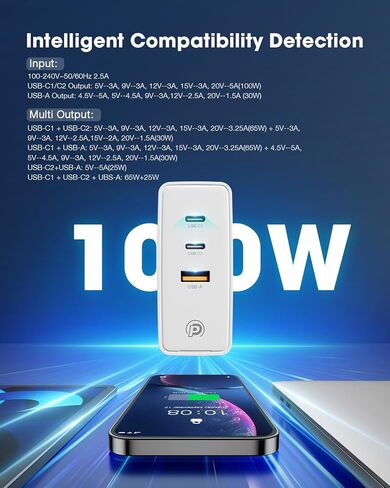 شاحن POWERΛDD PRO 100W GaN USB C 3 منافذ مع PD3.0/PPS/QC4.0+/SCP/FCP/AFC/BC1.2، شاحن حائط مدمج سريع قابل للطي لسلسلة iPhone 15، MacBook Pro، Google PixelBook، ThinkPad، جالاكسي وأكثر in Kuwait