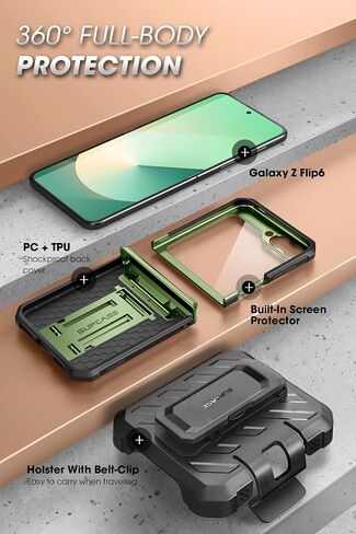 SUPCASE for Samsung Galaxy Z Flip 6 Case with Stand & Belt-Clip (Unicorn Beetle Pro), [Hinge Protection] [Front Screen Protector] Full Body Rugged Protective Phone Case for Galaxy Z Flip 6/5, Black in Saudi Arabia