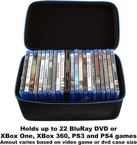 Blu-ray Case and Video Game Case - Bluray DVD Case Holder Organizer for up to 22 Blu Ray or 18 Xbox PS3 PS4 Games - Travel Storage Case for Blue Ray DVD and Video Games with Carry Handle in Saudi Arabia
