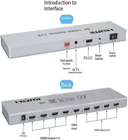 HDMI Splitter 1 in 8 Out 8K HDMI2.1 Replicator Distributor Affordable Splitter Multi-Monitor Display 8K@60Hz Full Ultra-HD with EDID RS232 Rest Button Control Ultra-High Resolution 3D Image 48Gbps et in Saudi Arabia