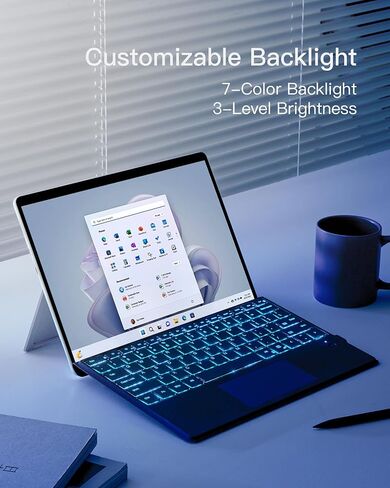 لوحة مفاتيح Inateck Surface Pro 9 مع لوحة لمس، لوحة مفاتيح بلوتوث بإضاءة خلفية 7 ألوان مع حامل قلم، متوافقة مع Surface Pro 9/8/X/10، KB05113 in Kuwait