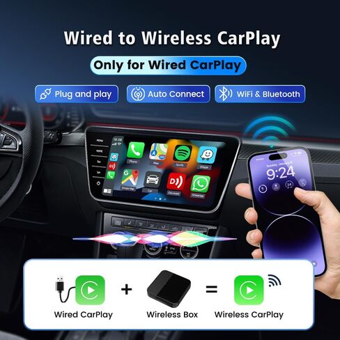 محول CarPlay اللاسلكي، توصيل وتشغيل دونجل لاسلكي لتشغيل السيارة، تحويل السلك إلى لاسلكي دون جهد، متوافق مع CarPlay المدمج في السيارات من 2016 وi-Phone iOS 10+ in Saudi Arabia