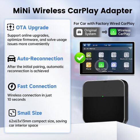 محول CarPlay اللاسلكي، توصيل وتشغيل دونجل لاسلكي لتشغيل السيارة، تحويل السلك إلى لاسلكي دون جهد، متوافق مع CarPlay المدمج في السيارات من 2016 وi-Phone iOS 10+ in Saudi Arabia