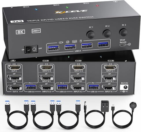 4K@144Hz HDMI KVM Switch 3 Monitors 3 Computers, Displayport KVM Swtiches 8K@30Hz, HDMI+2 Displayport KVM Switch 3 Monitors 3 Computers with 4 USB 3.0 Hub Keyboard Mouse Printer, Support Extended Mode in Saudi Arabia