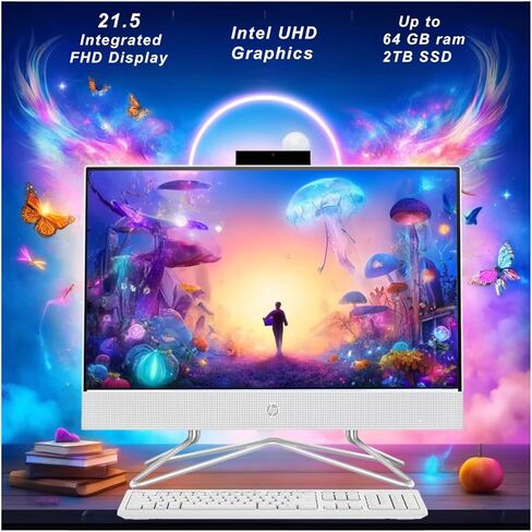 كمبيوتر مكتبي HP All-in-One، شاشة 21.5 بوصة 1080P FHD، ذاكرة وصول عشوائي 32 جيجابايت، 1 تيرابايت PCIe SSD، معالج Intel Celeron، كاميرا ويب، WiFi، HDMI، RJ-45، لوحة مفاتيح وماوس سلكية، مع حزمة WOWPC، Windows 11 Pro in Saudi Arabia