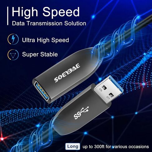 كابل تمديد USB 3.0 بطول 15 قدم/5 متر، كابل USB 3.0 من الألياف الضوئية ذكر A إلى أنثى عالي السرعة 5 جيجابت في الثانية، سلك موسع لنقل البيانات، متوافق مع USB 2.0 in Kuwait
