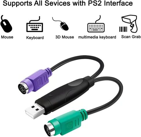 محول ماوس لوحة المفاتيح من PS2 إلى USB، شريحة مدمجة من PS2 إلى كابل USB لا حاجة إلى التوصيل والتشغيل (أسود) in Kuwait