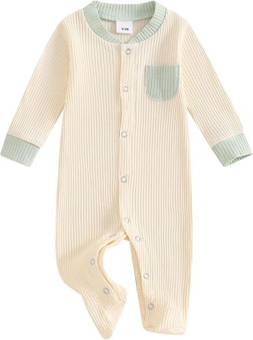 Newborn Baby Boy Girl Clothes Color Block Footies Romper Bodysuit Jumpsuit Button Footed Coming Home Outfits in Saudi Arabia