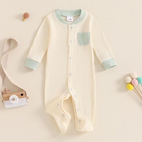 Newborn Baby Boy Girl Clothes Color Block Footies Romper Bodysuit Jumpsuit Button Footed Coming Home Outfits in Saudi Arabia