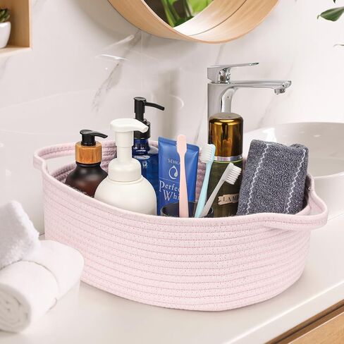 Small Woven Cotton Rope Basket Cute Baby Gift Baskets Empty Decorative Storage Basket for Organizing Shelves Closet Baby Nursery Basket Bin Toy Storage Basket Organizer 13.7"x10.2"x5" Pink in Saudi Arabia