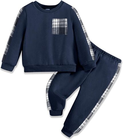 Baby Boy Clothes Pure Color Block Plaid Pocket Long Sleeve Top and Pant Sets in Saudi Arabia