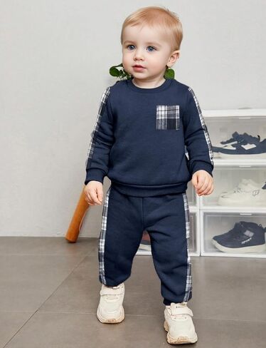 Baby Boy Clothes Pure Color Block Plaid Pocket Long Sleeve Top and Pant Sets in Saudi Arabia