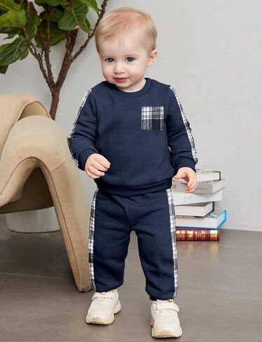 Baby Boy Clothes Pure Color Block Plaid Pocket Long Sleeve Top and Pant Sets in Saudi Arabia