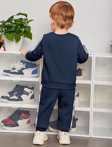 Baby Boy Clothes Pure Color Block Plaid Pocket Long Sleeve Top and Pant Sets in Saudi Arabia
