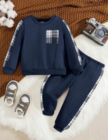 Baby Boy Clothes Pure Color Block Plaid Pocket Long Sleeve Top and Pant Sets in Saudi Arabia