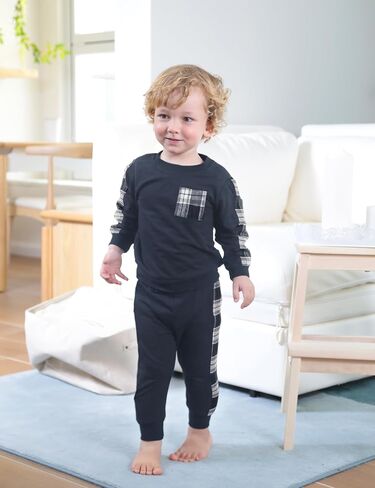 Baby Boy Clothes Pure Color Block Plaid Pocket Long Sleeve Top and Pant Sets in Saudi Arabia