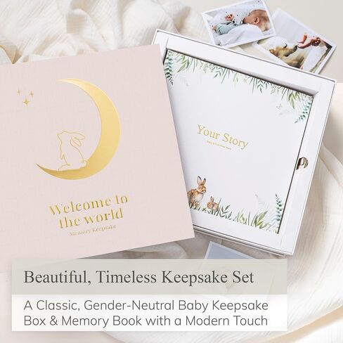Baby Keepsake Box with Baby Memory Book - Baby Shower Gifts for Mom, Gender Reveal Gift Ideas - Cool Gifts for New Mom - Baby Journal Boy and Girl - Baby Books Keepsake First 5 Years, Scrapbook, Beige in Saudi Arabia