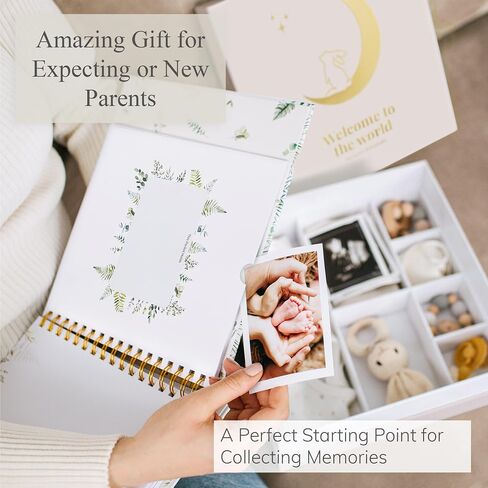 Baby Keepsake Box with Baby Memory Book - Baby Shower Gifts for Mom, Gender Reveal Gift Ideas - Cool Gifts for New Mom - Baby Journal Boy and Girl - Baby Books Keepsake First 5 Years, Scrapbook, Beige in Saudi Arabia