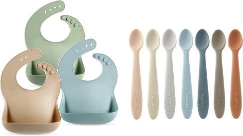 PandaEar Set of 3 Cute Silicone Bibs & 7 Pack Silicone Baby Feeding Spoons in Saudi Arabia