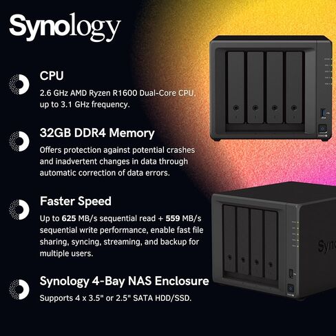 Synology DiskStation DS923+ 4-Bay NAS Enclosure Server، وحدة تخزين متصلة بالشبكة، حل إدارة البيانات، AMD Ryzen R1600 ثنائي النواة يصل إلى 3.1 جيجاهرتز، (ذاكرة الوصول العشوائي DDR4 سعة 16 جيجابايت | بدون محرك أقراص ثابتة، SSD) in Saudi Arabia