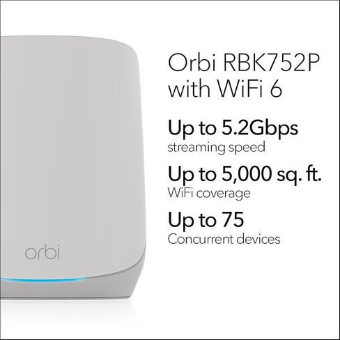 NETGEAR Orbi Whole Home Tri-Band Mesh WiFi 6 System (RBK752P) – Router with 1 Satellite Extender - Coverage up to 5,000 sq. ft. - 75 Devices - AX5200 802.11ax (Up to 5.2Gbps) in Saudi Arabia